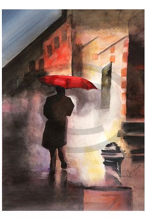 Photographed with frame and glass on. Red Umbrella Artist Joe Schlimm 12 x 18